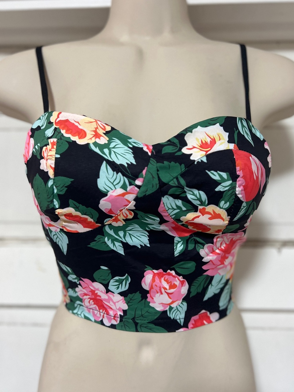 Cider Black Floral Bustier Crop Top with Pink and Green Accents S NWT